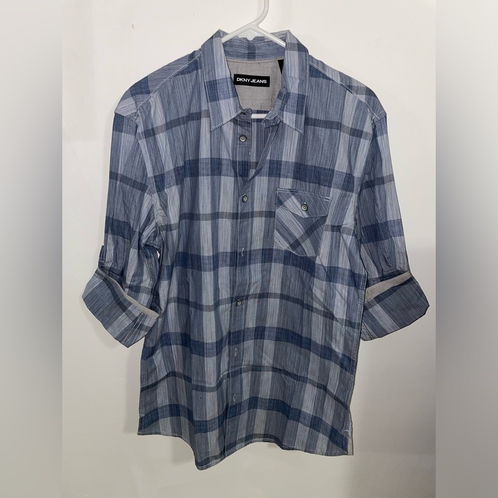 DKNY Mens Plaid Rolled Button Up Long-sleeved Shirt - Size Medium